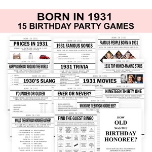 94th Birthday Games Born in 1931 Birthday Party Games 1931 Theme Birthday 94 year old Printable fun 94th birthday game 1931 trivia Download