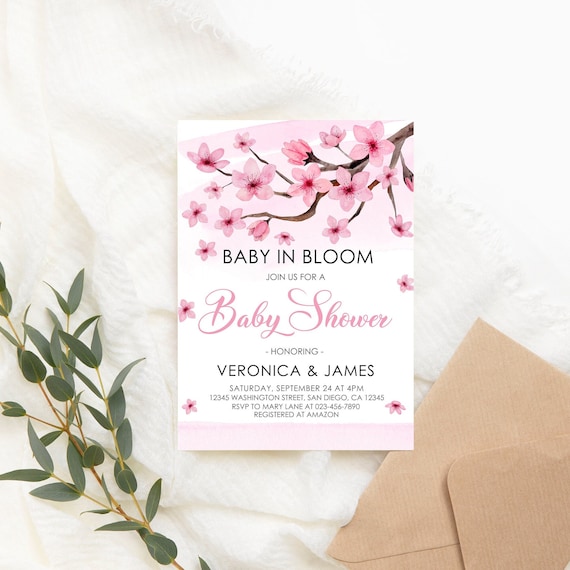 Editable Cherry Blossom Baby Shower Invitation Spring Sakura Bloom  