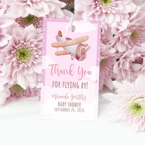 Avion rose modifiable Merci Favor Tags Baby Shower Party Gift Tags Anniversaire Pink Airplane Adventure Clouds PRINTABLE Digital Corjl