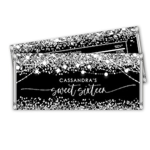 Editable Sweet Sixteen Candy Bar Wrapper Label Black Silver Glitter Favor Birthday Party Chocolate Bar Wrapper Silver Black PRINTABLE Corjl