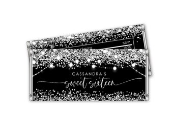Editable Sweet Sixteen Candy Bar Wrapper Label Black Silver Glitter Favor Birthday Party Chocolate Bar Wrapper Silver Black PRINTABLE Corjl
