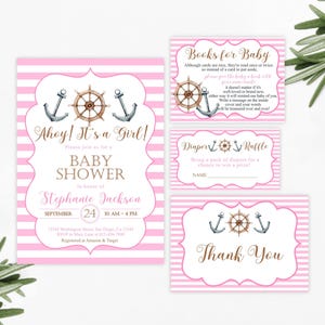 Pink Nautical Baby Shower Invitation Set: Editable Corjl Template (Digital)