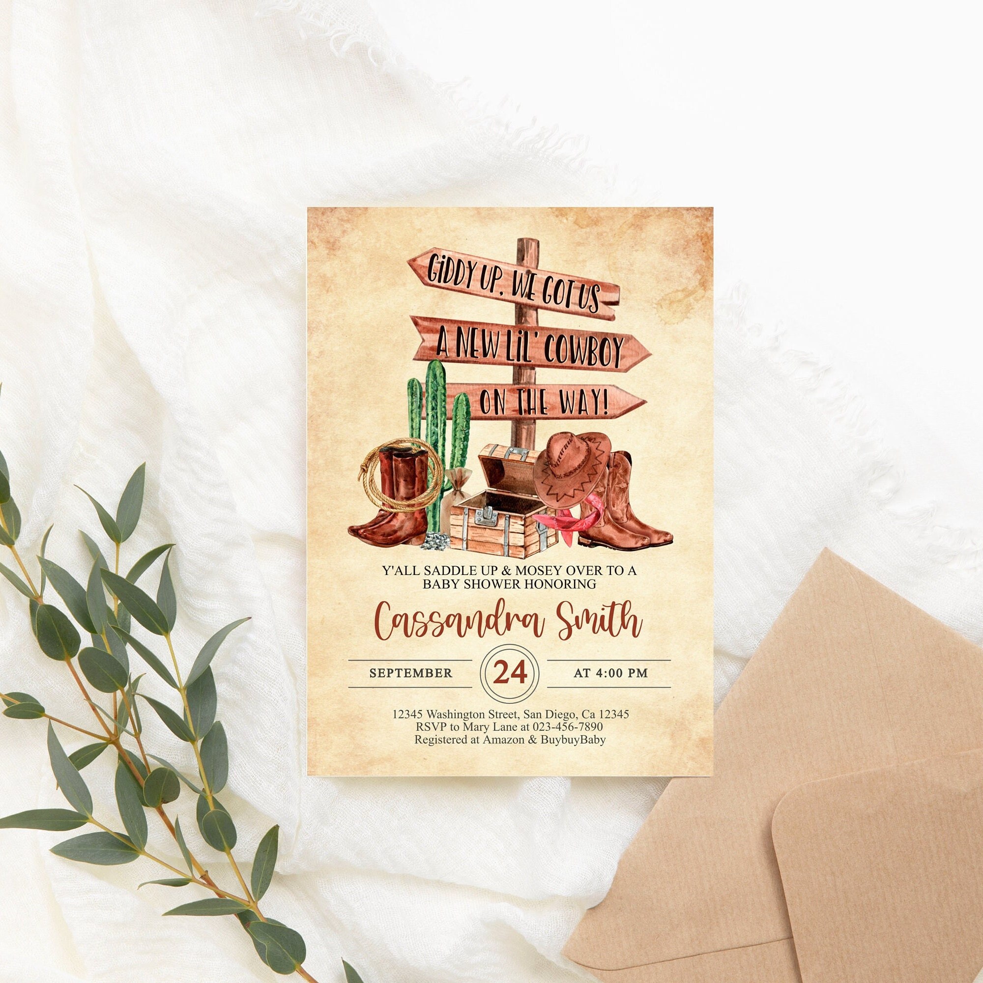 Editable Cowboy Baby Shower Invitation Cowboy Invitation cowboy boots Invite gender neutral cowboy hat PRINTABLE Corjl