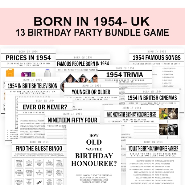 70th Birthday Party Games Born in 1954 trivia Bundle Pack UK British Nostalgia Fun Family Celebration Activity  PRINTABLE Digital download