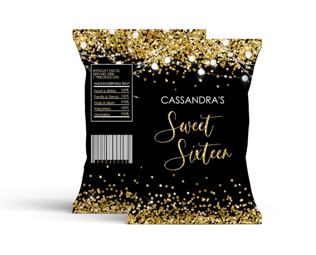 Editable Gold Black Chip Bag Label PRINTABLE Gold Glitter Black Chip