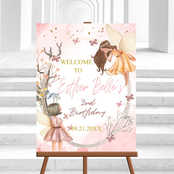 Editable Fairy Forest Birthday Welcome Sign, Fairy Garden, Girl, Pink, Fairy Princess Birthday Sign, Welcome Sign ,Template,PRINTABLE,Corjl