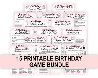 May include: A printable game bundle for a birthday party. The bundle includes 15 different games with pink and white backgrounds and black text. The games include word scrambles, scavenger hunts, and more.