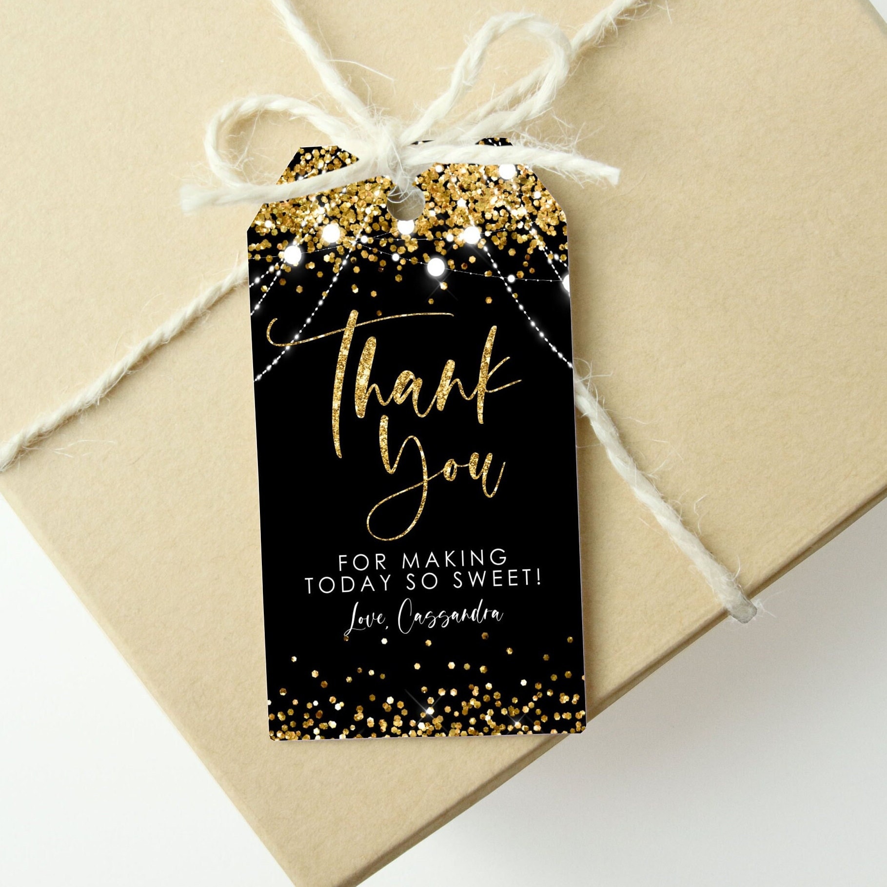 Black & Gold Thank You Themed Small Party Favor Gift Bags Tags -12pack 