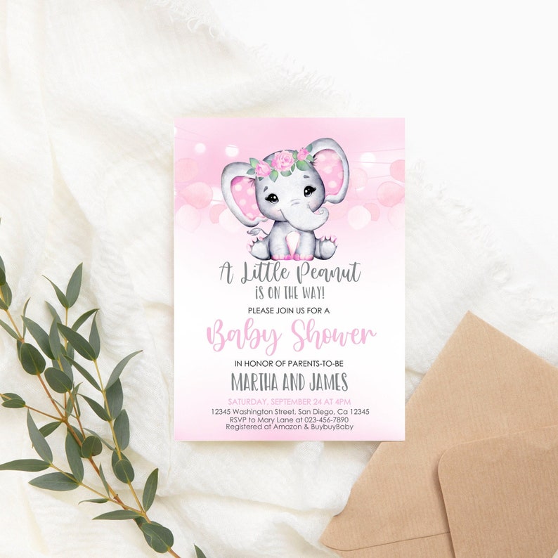 Editable Girl Elephant Baby Shower Invitation Pink Elephant Girl Baby ...