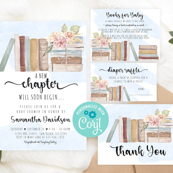 Editable Storybook Baby Shower Invitation Set Blue literary book theme party invite a new chapter printable digital download  Corjl template