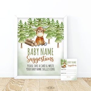 Moose Baby Name Suggestion Signe et carte Woodland Rustic Baby Shower Party Game Name Ideas Gender Neutral Printable Digital Download
