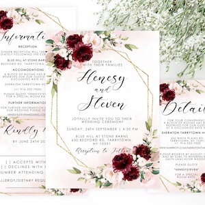 May include: Wedding invitation suite with burgundy and blush floral designs. The invitation features a gold geometric frame and the text "Henesy and Steven" in elegant calligraphy. The RSVP card includes a floral design and the text "Kindly RSVP by June 24th, 20..."