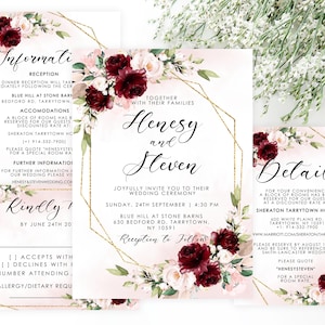 Editable Burgundy Blush Wedding Invitation Template Set Burgundy Floral Blush Invitation Set RSVP Details Information PRINTABLE Corjl HENESY