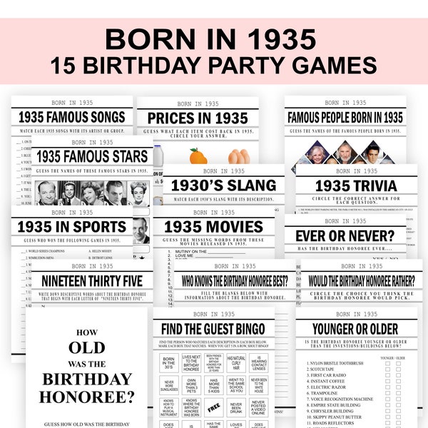 Born in 1935 Birthday Game, Birthday Games Bundle, 1935 games, 1935 Trivia, fun back in 1935 birthday party games for women men , PRINTABLE