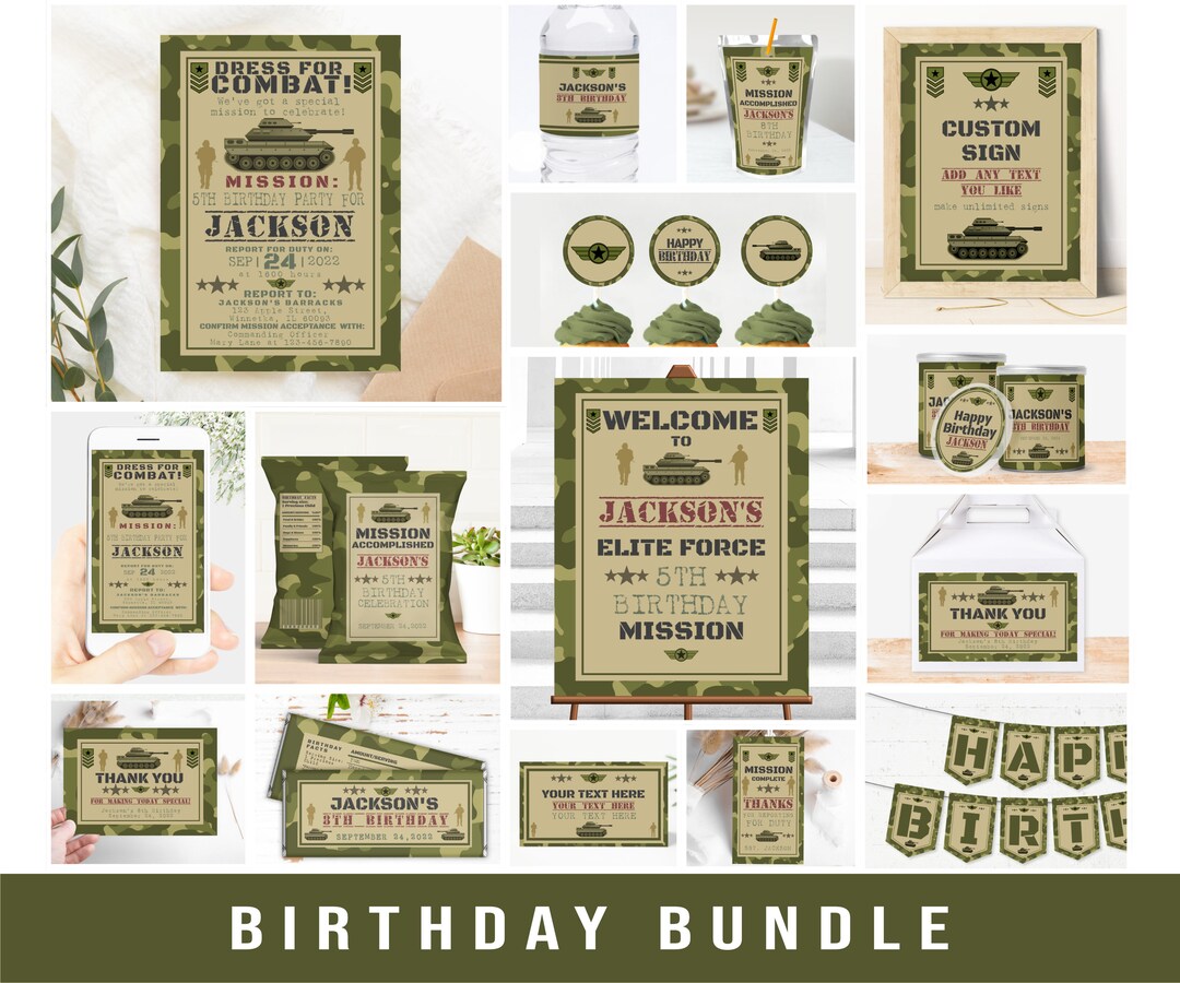 Editable Birthday Invitation Bundle Camo Party Pack Military Army ...