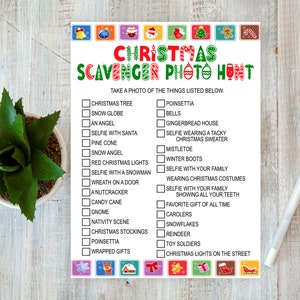 May include: A printable Christmas scavenger hunt photo list with a red, green, and white color scheme. The list includes items like a Christmas tree, snow globe, an angel, a selfie with Santa, a pine cone, a snowman, a wreath on a door, a nutcracker, candy cane, a gnome, a nativity scene, Christmas stockings, poinsettia, wrapped gifts, bells, gingerbread house, a selfie wearing a tacky Christmas sweater, mistletoe, winter boots, a selfie with your family wearing Christmas costumes, a selfie with your family showing all your teeth, a favorite gift of all time, carolers, snowflakes, reindeer, toy soldiers, and Christmas lights on the street.