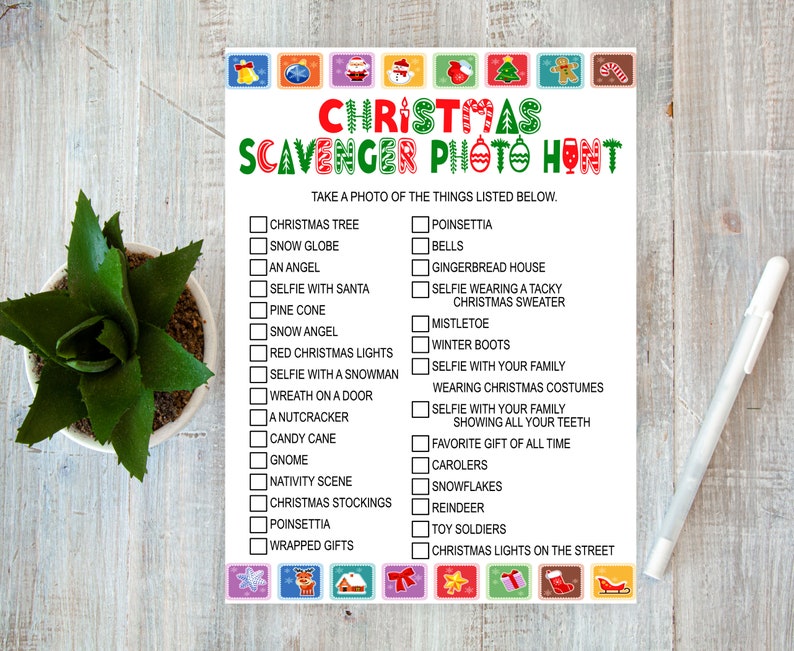 May include: A printable Christmas scavenger hunt photo list with a red, green, and white color scheme. The list includes items like a Christmas tree, snow globe, an angel, a selfie with Santa, a pine cone, a snowman, a wreath on a door, a nutcracker, candy cane, a gnome, a nativity scene, Christmas stockings, poinsettia, wrapped gifts, bells, gingerbread house, a selfie wearing a tacky Christmas sweater, mistletoe, winter boots, a selfie with your family wearing Christmas costumes, a selfie with your family showing all your teeth, a favorite gift of all time, carolers, snowflakes, reindeer, toy soldiers, and Christmas lights on the street.