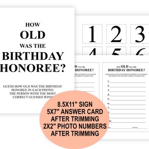 Image displaying the dimensions of the How Old Was the Birthday Honoree sign, the number card, and the answer sheet for the corresponding game.
