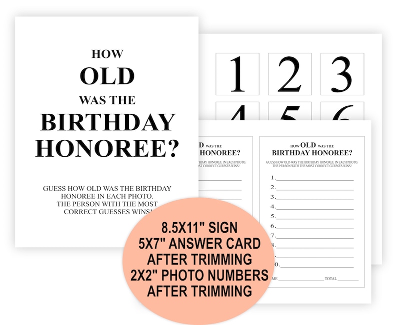 Image displaying the dimensions of the How Old Was the Birthday Honoree sign, the number card, and the answer sheet for the corresponding game.