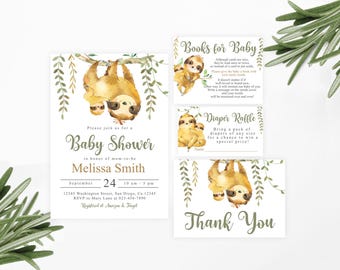 May include: A set of four printable cards for a baby shower. The cards feature watercolour illustrations of sloths and greenery. The text on the cards reads "Books for Baby", "Diaper Raffle", "Please join us for a Baby Shower in honour of mom-to-be Melissa Smith", and "Thank You".