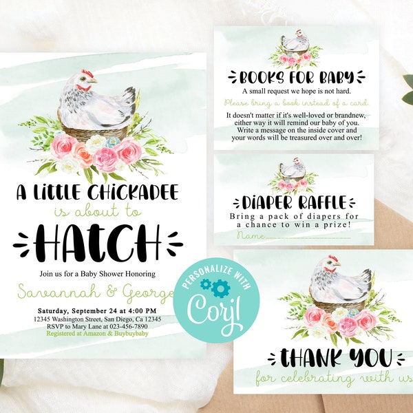 Editable Chicken Baby Shower Invitation Set Ready To Hatch Diaper Raffle Set Thank you card Books for baby Hen  Corjl Template Digital