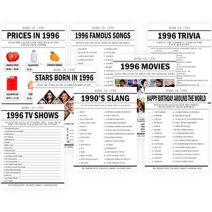 Shows the prices in 1996 game, 1996 famous songs game, 1996 trivia game, stars born in 1996 game, 1996 movies game, 1996 tv shows game, 1990s slang game, and happy birthday around the world game.