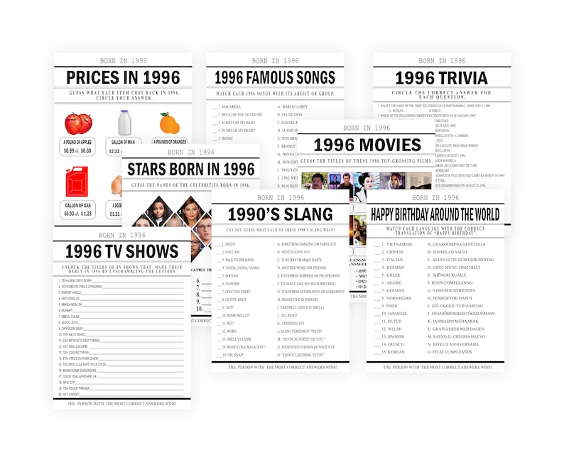 Shows the prices in 1996 game, 1996 famous songs game, 1996 trivia game, stars born in 1996 game, 1996 movies game, 1996 tv shows game, 1990s slang game, and happy birthday around the world game.
