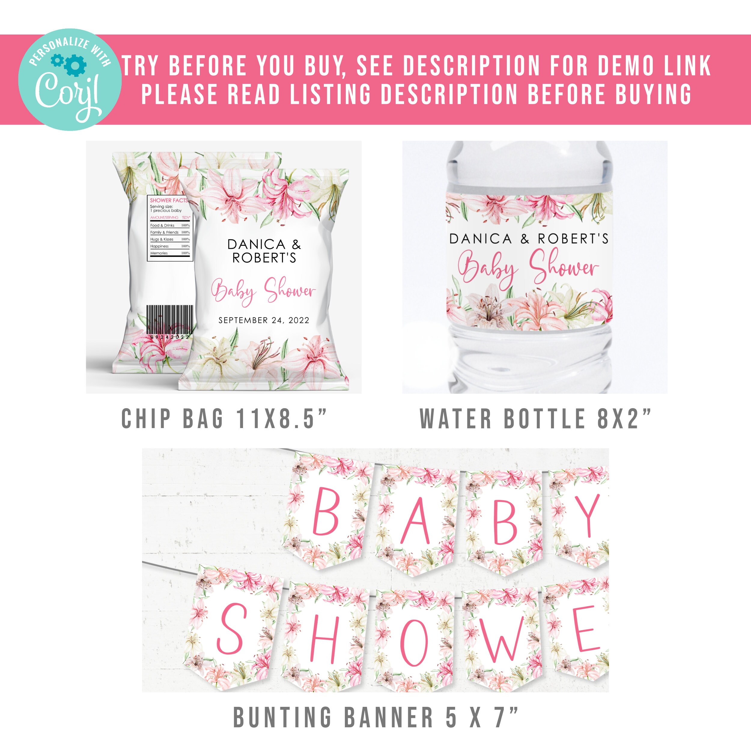 Editable Lily Baby Shower Invitation Bundle Template Girl Pink White ...