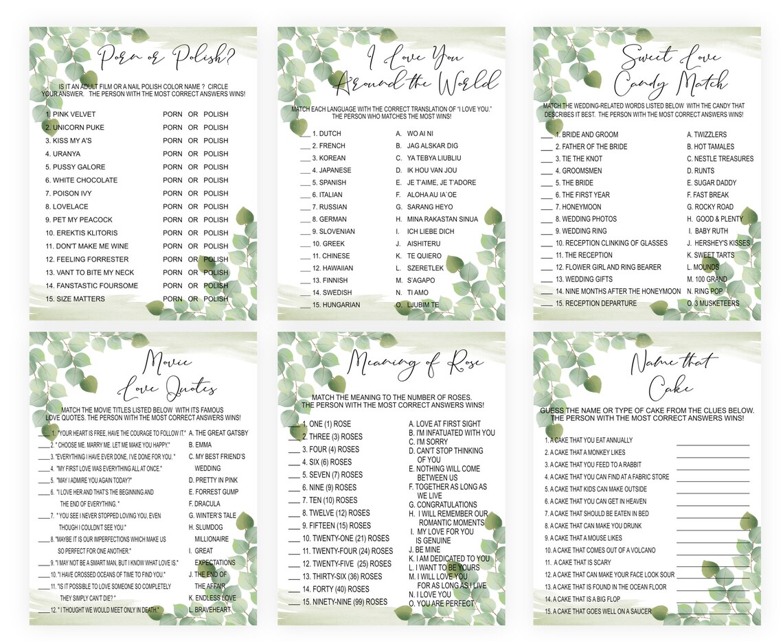 Eucalyptus Bridal Shower Game Bundle Pack Botanical Bridal Etsy