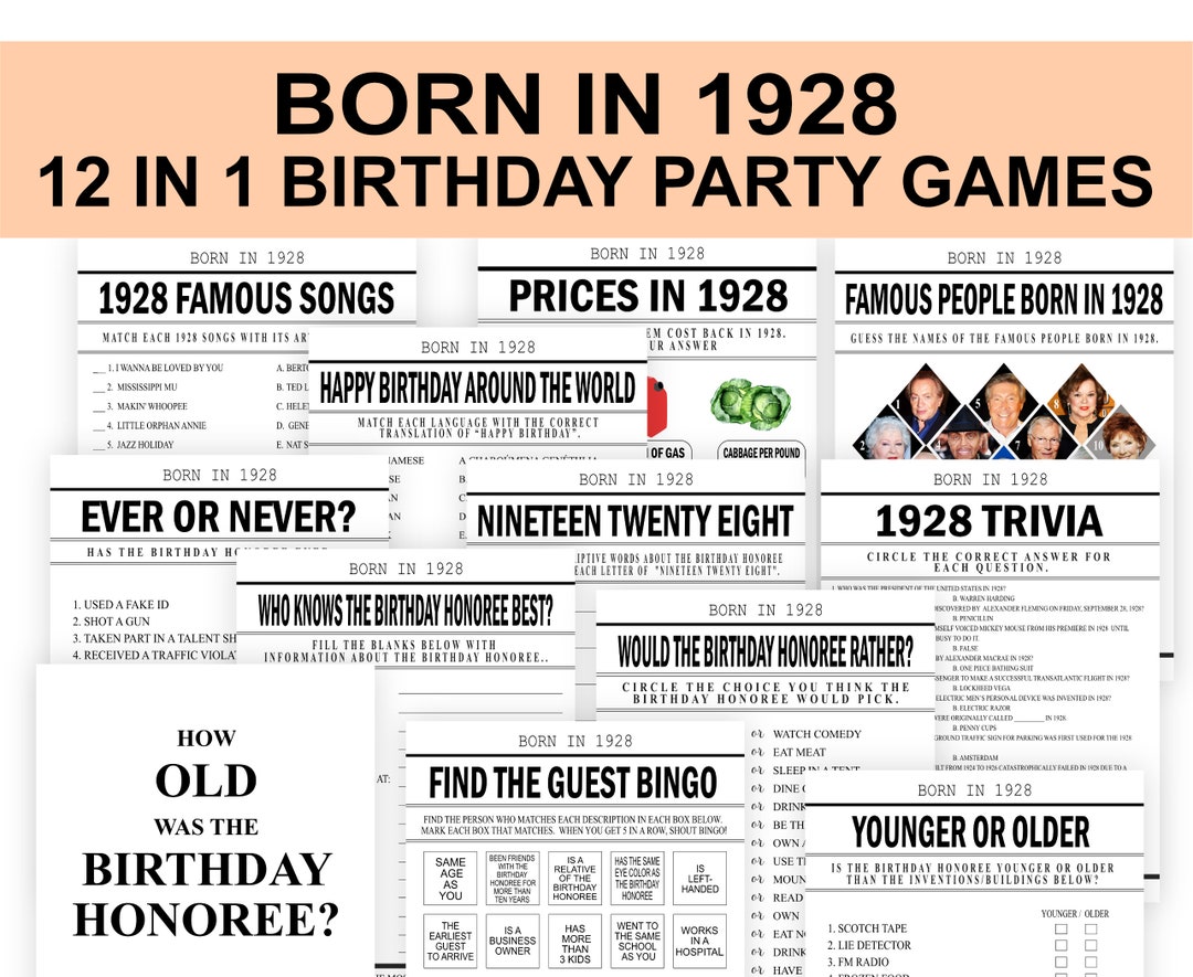 95th Birthday Party Game Born in 1928 Birthday Game Bundle - Etsy