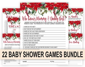 Christmas Baby Shower Games Bundle Package, Christmas Theme Baby Shower Games, Poinsettia Baby Shower Game, Red Christmas, Printable