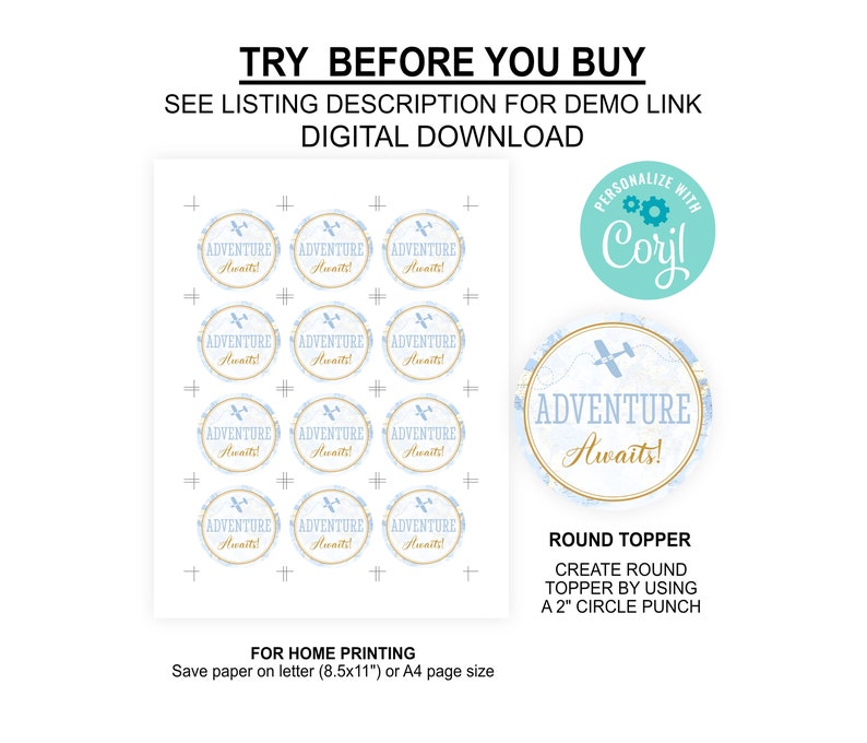 Editable Travel Cupcake Topper Blue World Map Baby Shower Favor Tags ...