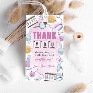 Editable Science Merci Tag Baby Shower Anniversaire Merci Pink Scientist Girl Gift Tag Favor PRINTABLE Digital Download Corjl Template