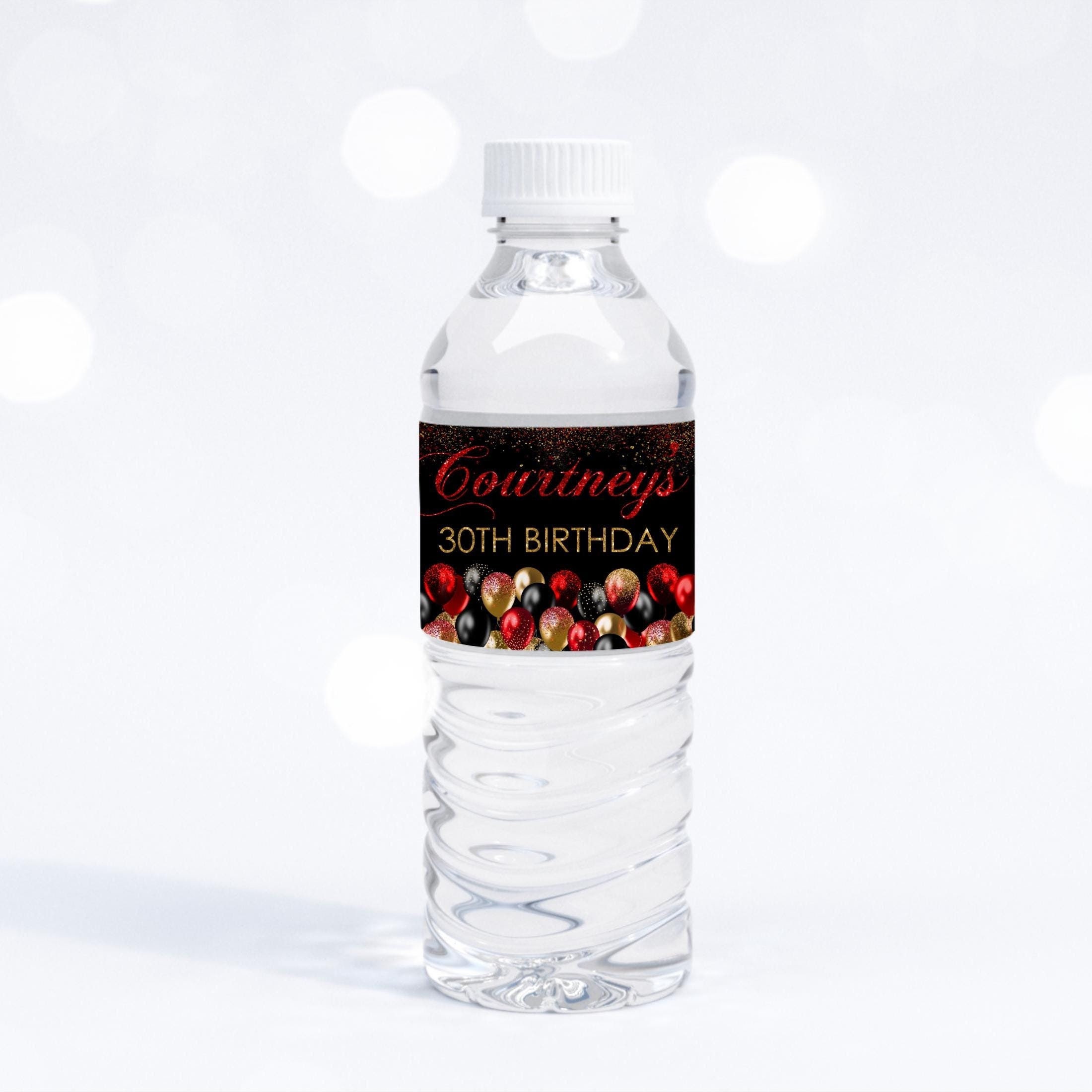 Editable Balloon Water Bottle Label Red Black Gold Balloon Printable Water Bottle Favor Sweet Sixteen  Birthday party Corjl Template