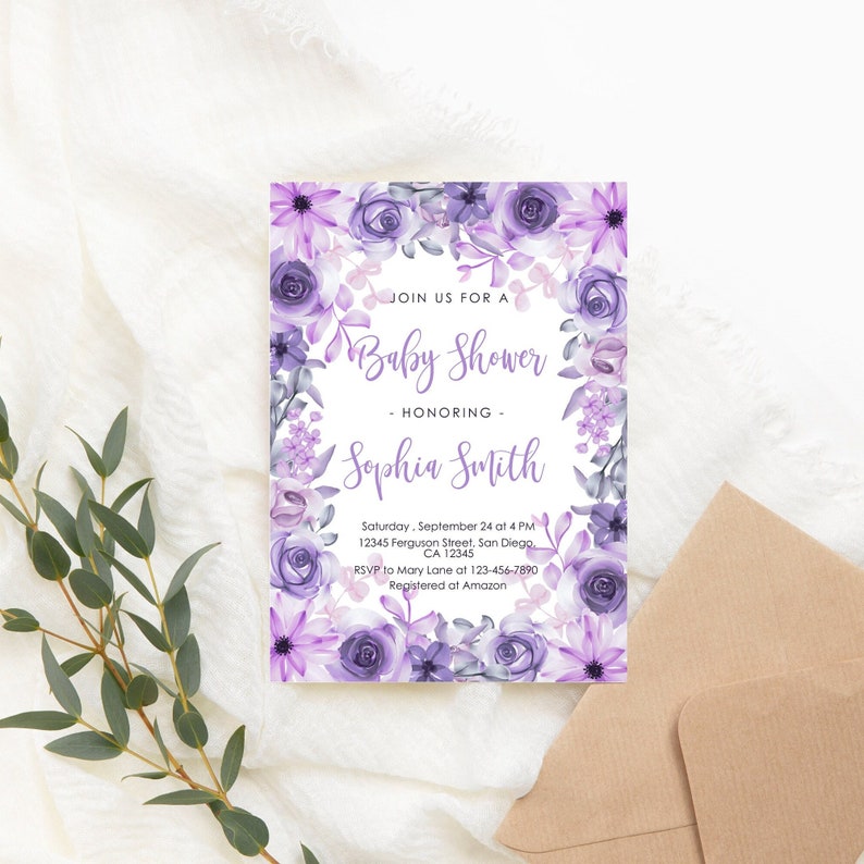 Editable Purple Baby Shower Invitation Purple Baby Shower Etsy