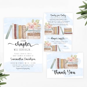 Bewerkbare verhalenboek babyshower uitnodigingsset blauw literair boek themafeest nodigt een nieuw hoofdstuk uit afdrukbare digitale download Corjl-sjabloon