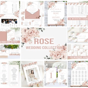 May include: A collection of printable wedding stationery featuring a blush pink floral design with the names Rose and Henry. The collection includes a welcome sign, wedding games, kids activity pages, table numbers, wedding signs, and a seating chart.