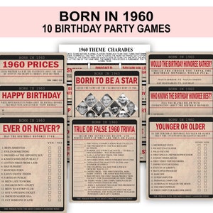 Born In 1960 Birthday Party Game Bundle Pack, 1960 Charades, 1960 Birthday, 1960  Birthday Games, PRINTABLE, 1960 trivia, back in 1960 games