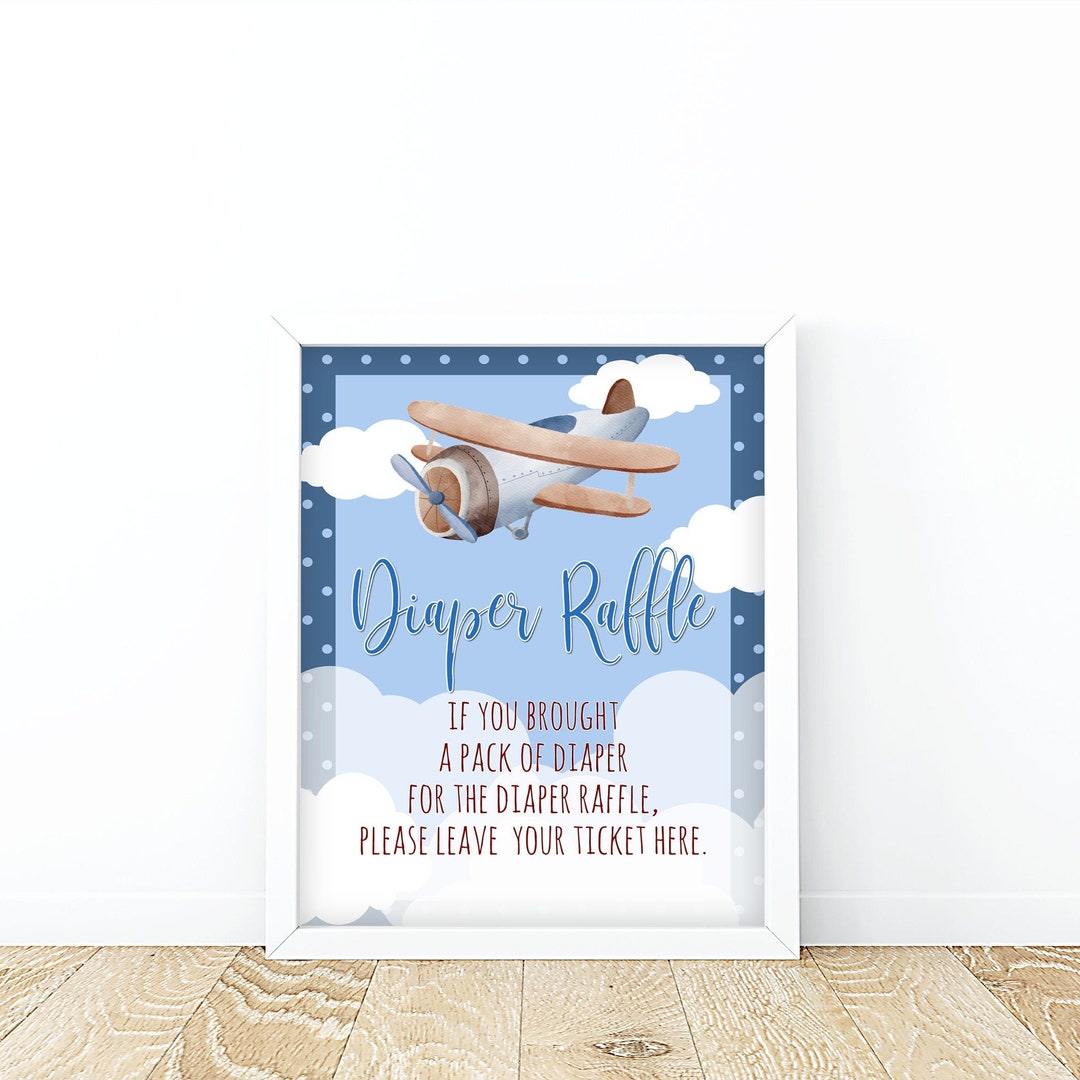Airplane Diaper Raffle Sign Blue Airplane Diaper Raffle Baby Shower ...