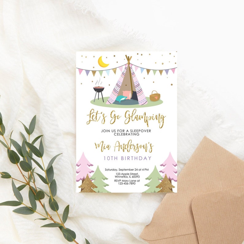 Editable Camping Birthday Invitation Glamping Birthday Party Invite Camping Sleepover Party Invitation Girl Party Invite PRINTABLE Corjl image 1