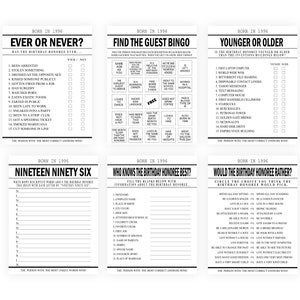 Shows the ever or never, find the guest bingo, younger or older, nineteen ninety six, who knows the birthday honoree best, and would the birthday honoree rather games.