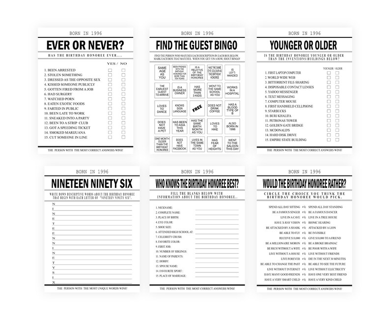 Shows the ever or never, find the guest bingo, younger or older, nineteen ninety six, who knows the birthday honoree best, and would the birthday honoree rather games.