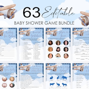 Editable Airplane Baby Shower Games bundle Boy Pilot Aviation Blue Theme Party Activity Printable Digital Download Corjl Template