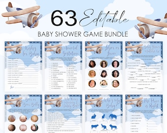 Editable Airplane Baby Shower Games bundle Boy Pilot Aviation Blue Theme Party Activity Printable Digital Download Corjl Template