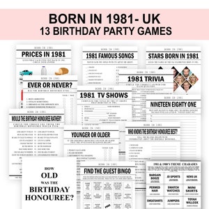 Pode incluir: Um conjunto de 13 jogos de festa imprimíveis para uma festa de 40 anos. Os jogos são temáticos do ano de 1981 e incluem perguntas de trivia, adivinhação de preços e perguntas de "você preferiria".