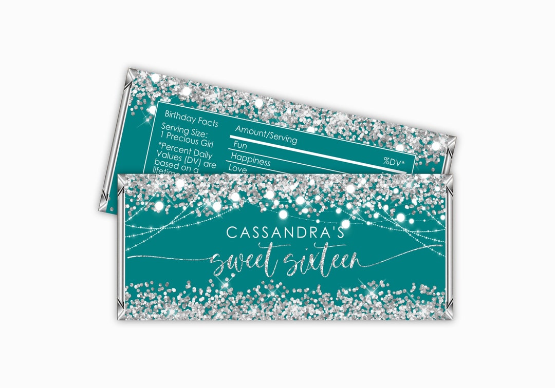Editable Teal Silver Candy Bar Wrapper Label Sweet Sixteen Glitter ...
