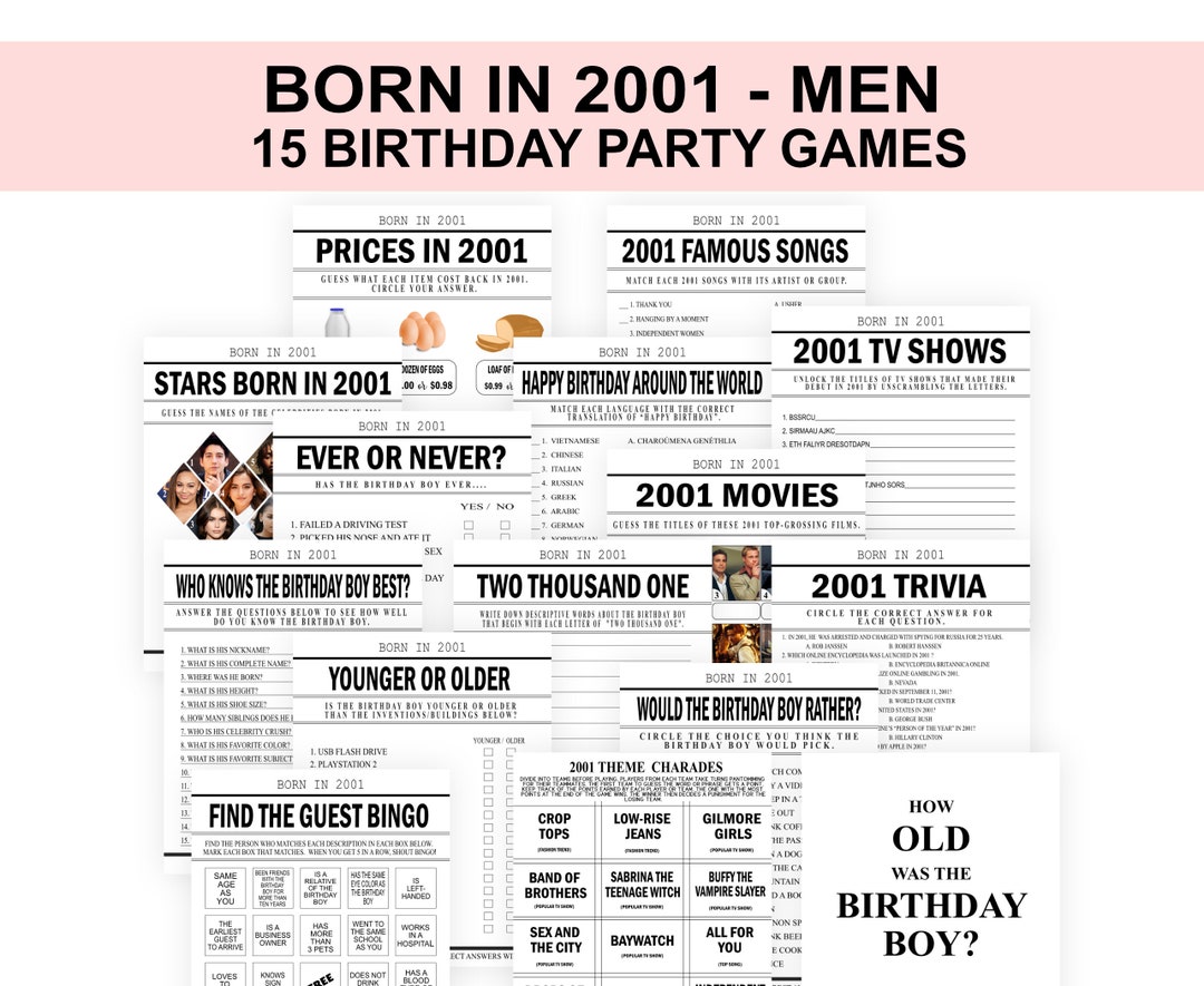 24th Birthday Party Games Born in 2001 Birthday Games Bundle 2001 ...