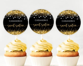 Editable Sweet Sixteen Gold Black Cupcake Toppers Birthday Favor Tags gold Glitter cupcake toppers label PRINTABLE Corjl Template Digital