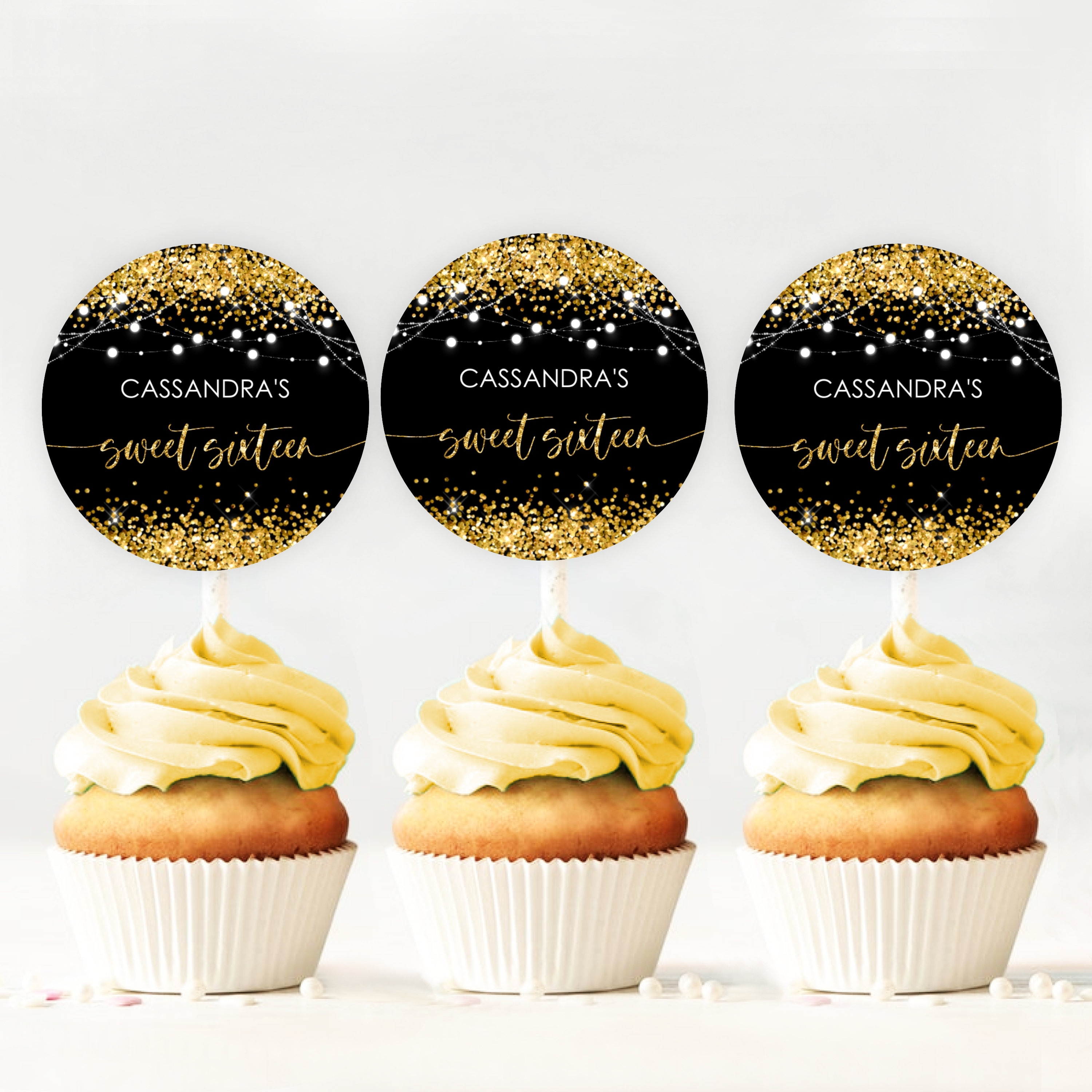 Editable Sweet Sixteen Gold Black Cupcake Toppers Birthday Etsy