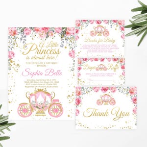 Conjunto de convites para chá de bebê de princesa editável Conjunto de rifa de fraldas para convite floral rosa para impressão Cartão de agradecimento Livros para bebê Corjl
